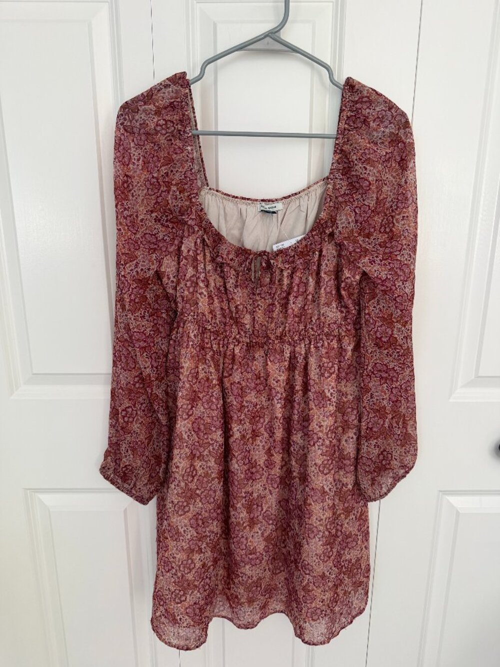 American Eagle Floral Burgundy Floral Baby doll Dress Long Sleeves - Large